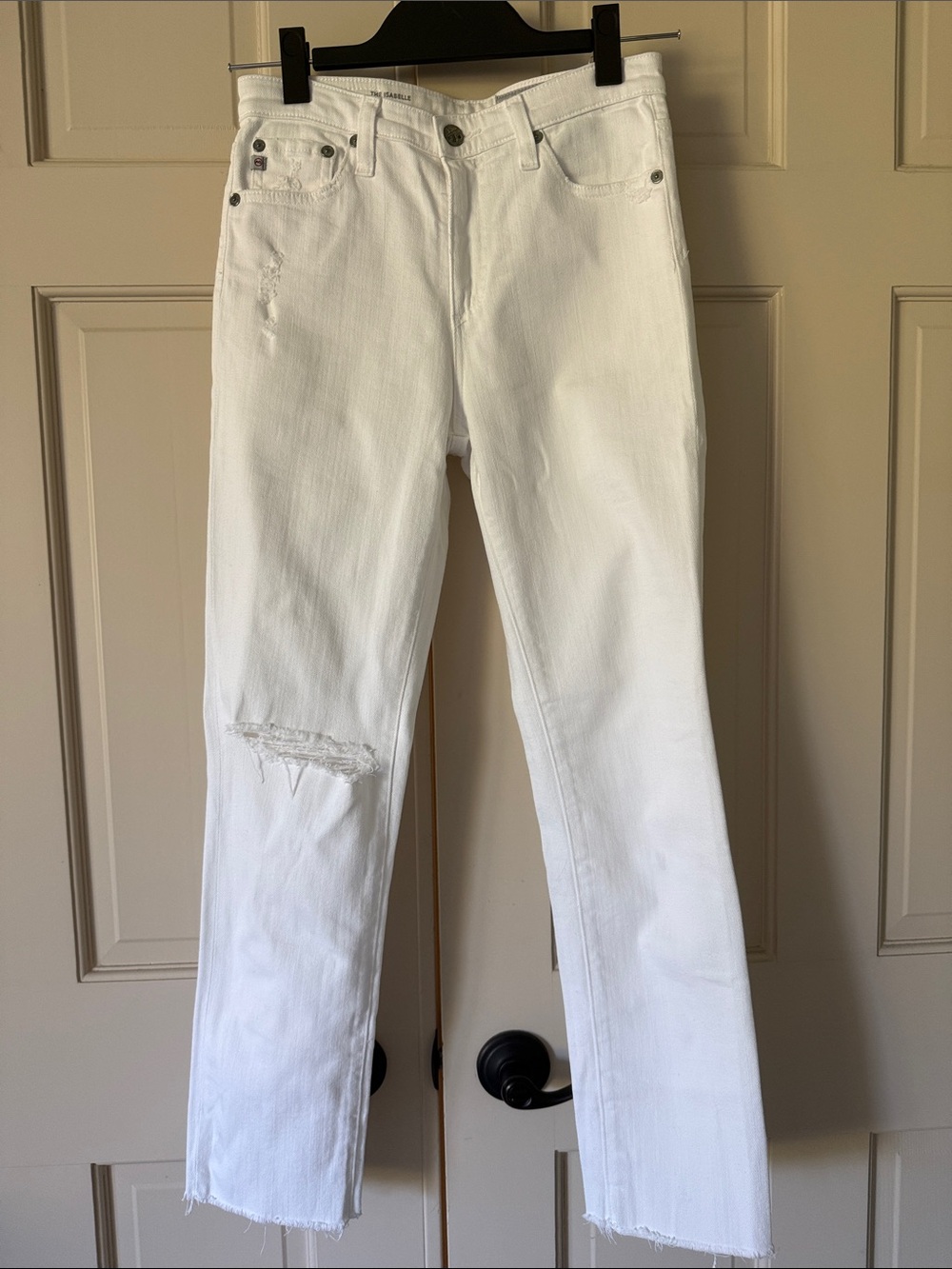 Ag Adriano Goldschmmied White Straight-Leg Jeans with Distressed Knee